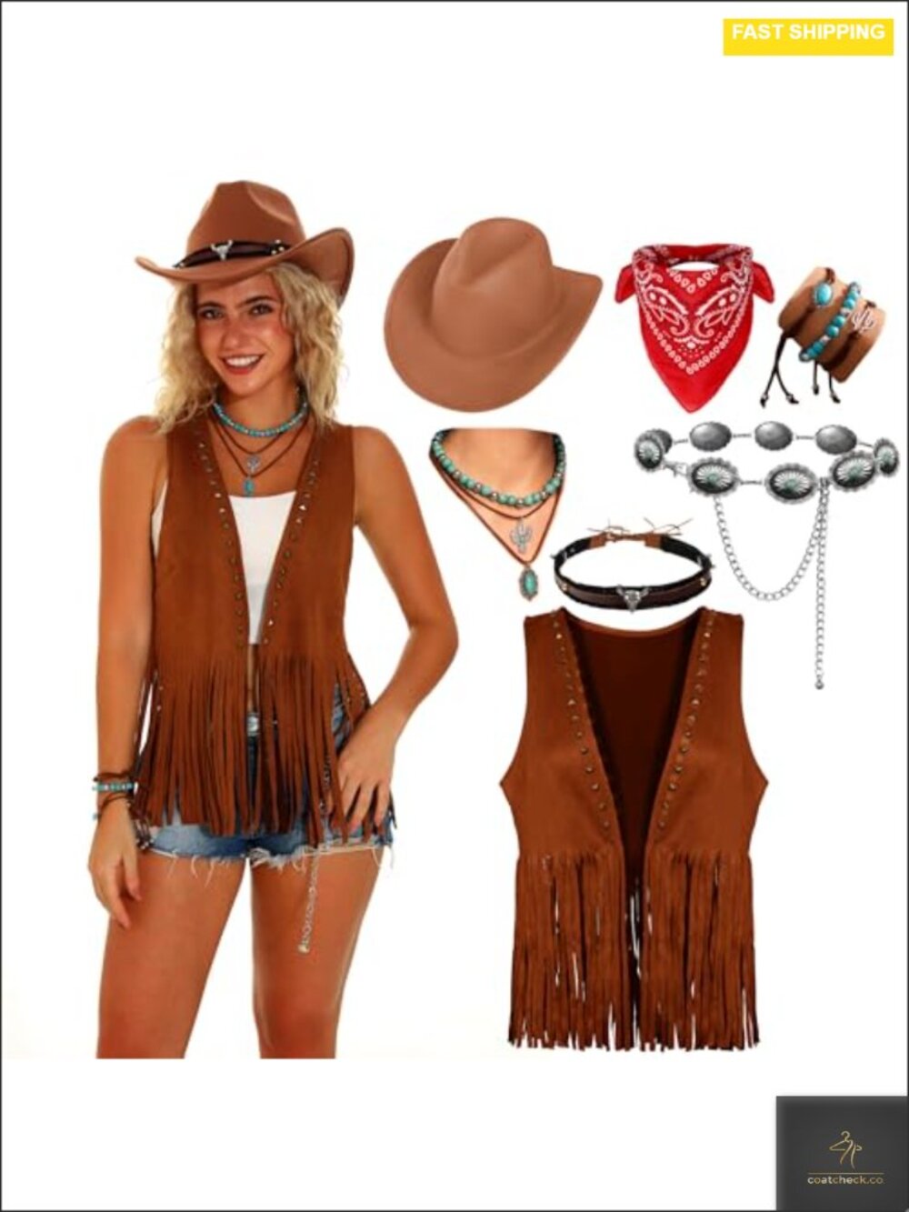 Women's Cowgirl Costume Set 7pcs Includes Fringe Vest Cowboy Hat